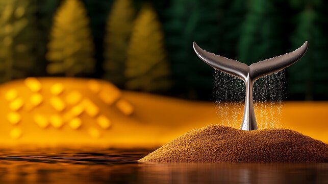 A metallic whale tail sculpture emerges from a sandy mound in a serene lake surrounded by trees - Powered by Adobe