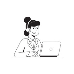 Minimalist Cartoon Customer Service Representative — Black and White Line Illustration