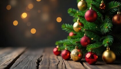 Christmas tree with ornaments on wooden table, Christmas, Holiday