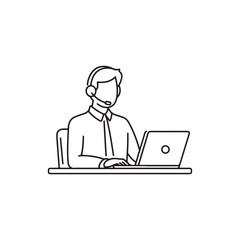 Minimalist Cartoon Customer Service Representative — Black and White Line Illustration