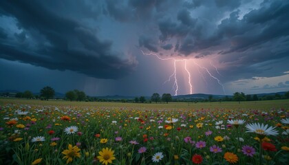 Spring thunderstorms, a dramatic spring thunderstorm over a flowering country meadow.
