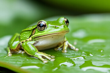 Naklejka premium Close-up of a green frog resting on a vibrant lily pad in a tranquil water garden during sunlight hours