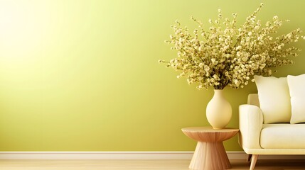 Modern Living Room Interior with Green Walls and Stylish Sofa Decorated with Floral Vase