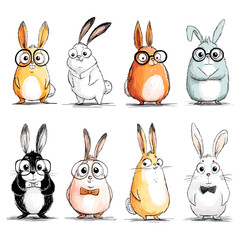 Fototapeta premium Vector set of eight oval-shaped cartoon bunnies with exaggerated expressions and accessories. Fun and whimsical characters ideal for children's content or design