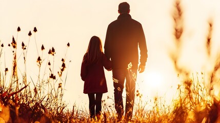 Father And Daughter Holding Hands Walking Together In A Silhouette At Sunset In A Field