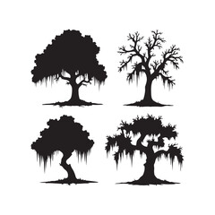 Silhouette Trees with Spanish Moss and Cypress — Minimalist Black and White Vector Illustration
