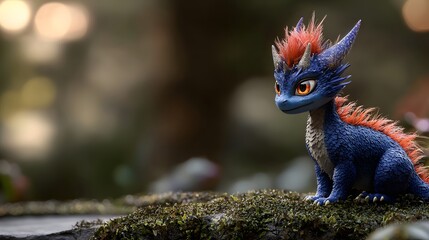 Colorful Dragon Figurine Resting on a Mossy Rock Surrounded by Soft Forest Background