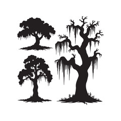 Silhouette Trees with Spanish Moss and Cypress — Minimalist Black and White Vector Illustration