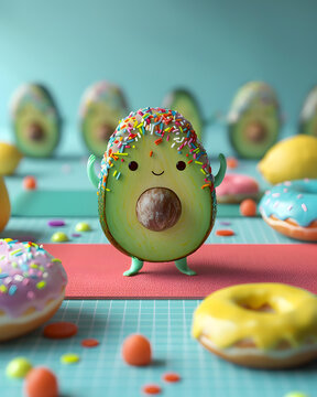 Naklejki Avocado Delight: A whimsical avocado character surrounded by donuts and lemons, embodies playful food and vibrant colors.