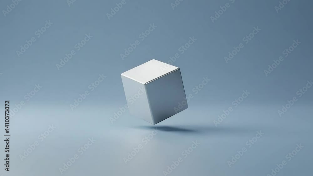 Poster floating cube: minimalist 3d render of a silver cube on a light blue background