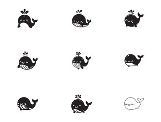 Obraz premium Cute Cartoon Whale Illustrations — Black and White Minimalist Line Art Set