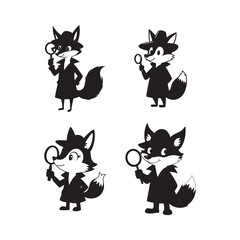 Fototapeta premium Cute Cartoon Fox Detectives — Black and White Chibi Style Detective Illustrations