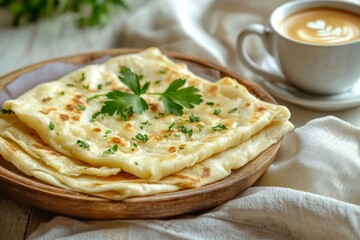 A wooden plate holds a stack of three lightly browned flatbreads, garnished with fresh parsley. A cup of latte sits beside the plate on a beige linen tablecloth