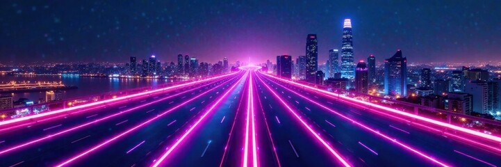 Futuristic cityscape with bright neon lights and wave-like lines , skyscrapers, dynamic, wave