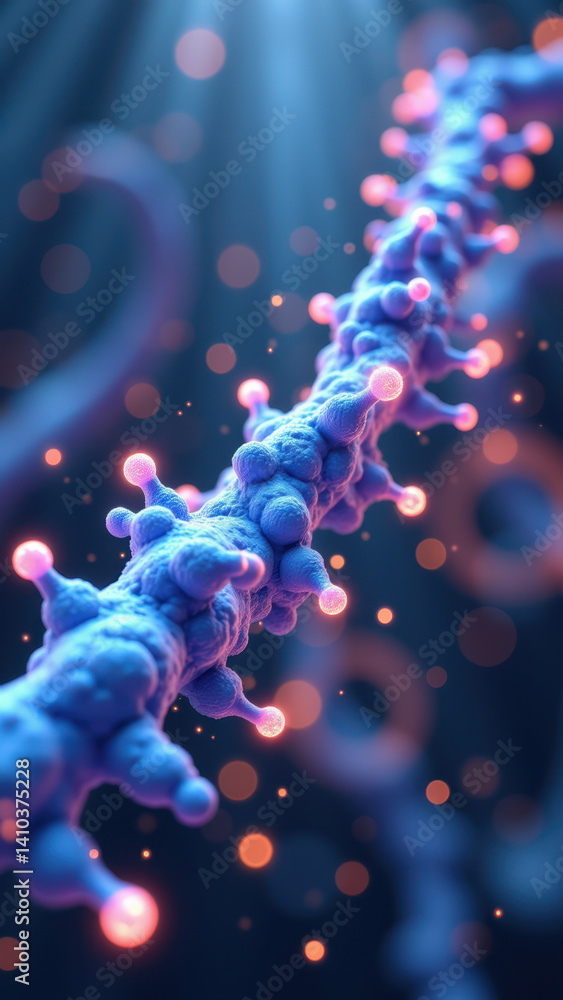 Poster stunning 3d rendering of a glp-1 molecule chain with vibrant colors and intricate details, ideal for