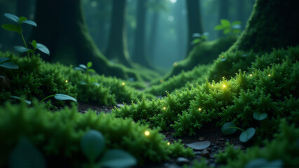 Fototapeta premium Concept Art: Serene Forest Floor with Bioluminescent Moss and Integrated Eco-Tech Sensors