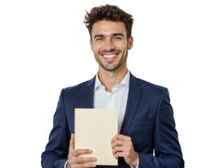 Business portrait isolated on white transparent background: A smiling young man in a navy blue suit and white shirt confidently presents a blank notepad to the camera against a plain white backgroun
