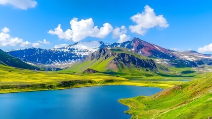 Breathtaking Mountain Landscape with Clear Lake and Vibrant Green Valleys Under a Blue Sky