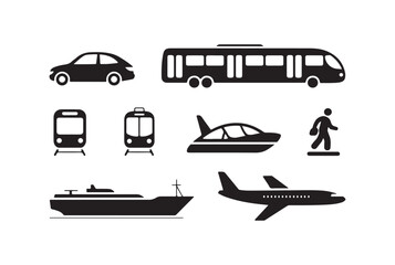 Simple Black and White Transportation Icons Set