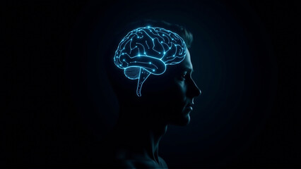 Obraz premium Silhouette Profile with Glowing Neural Network Overlay Visualizing Brain-Computer Interface