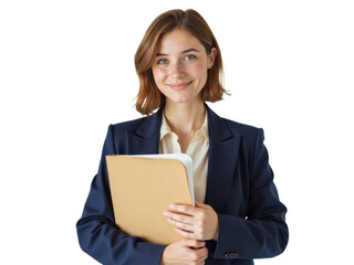 Business portrait isolated on white transparent background: A young woman with auburn hair and green eyes smiles confidently at the camera while holding a folder in a professional setting.