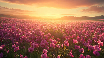 Vast field of pink flowers bathed in golden sunset light.