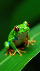 Naklejka premium green frog sitting on a leaf, cartoon, funny