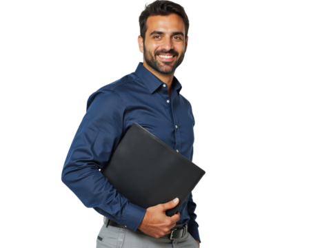 Business portrait isolated on white transparent background: A smiling man with a beard confidently leans against a plain white background, holding a black portfolio.