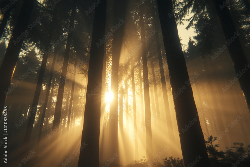 Poster light rays filtering through fog in a mystical forest during early morning hours