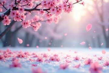 Fototapeta premium Soft pink sakura petals gently float in a serene winter landscape, season, delicate
