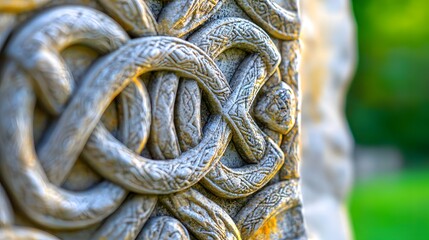 Intricate Stone Sculpture Featuring Intertwined Patterns and Decorative Details in a Natural Setting