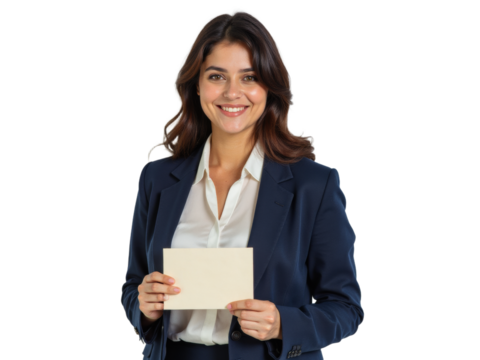 Business portrait isolated on white transparent background: A smiling woman in a navy blazer and white blouse confidently holds a blank card, looking directly at the viewer against a plain backgroun