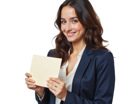 Business portrait isolated on white transparent background: A young woman in a navy blazer and white blouse confidently smiles while holding a blank business card against a neutral background.