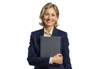 Business portrait isolated on white transparent background: A confident businesswoman with short blonde hair smiles warmly while holding a tablet and wearing a navy blazer over a collared shirt.
