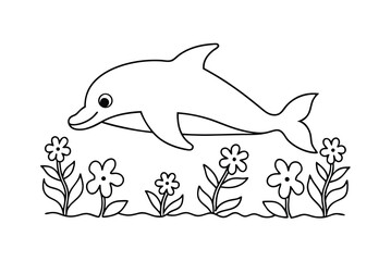 Cute Dolphin Outline Above Flowers Isolated On White Background Simple Cartoon Drawing