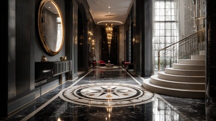 Obraz premium Luxury foyer with floor inlay and statement mirror 