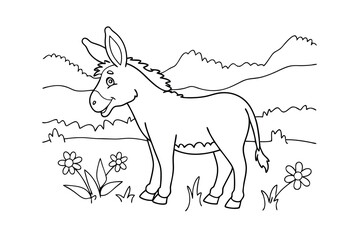 Simple Line Art Drawing Of A Donkey In A Field With Flowers