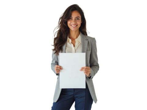 Business portrait isolated on white transparent background: A smiling woman in a blazer and blouse confidently presents a blank white sheet of paper against a plain white background.
