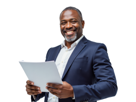 Business portrait isolated on white transparent background: A confident Black man in a navy suit and white shirt smiles while holding a document against a white background.