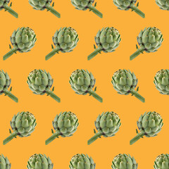 Seamless Artichoke Pattern on Orange Background. Repeating pattern of fresh green artichokes on a vibrant orange background, perfect for food-themed designs or digital prints