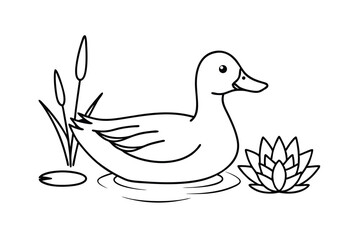 Duck Line Art With Water Lily And Reed Simple Black Outline Design
