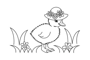 Adorable Duckling With Flower Hat In Grass Coloring Page Illustration