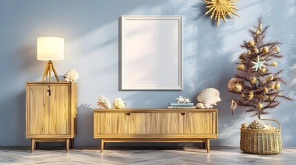 Bright and Cozy Living Room with Wooden Furniture and Decorative Elements in Soft Lighting