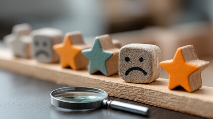 A wooden display of emotive blocks, featuring happy and sad faces, alongside colorful stars, with a magnifying glass, symbolizing assessment or evaluation.