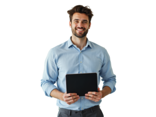 Business portrait isolated on white transparent background: A smiling young man with short brown hair and a beard confidently holds a tablet against a plain white background, dressed in a light blue