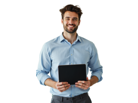 Business portrait isolated on white transparent background: A smiling young man with short brown hair and a beard confidently holds a tablet against a plain white background, dressed in a light blue