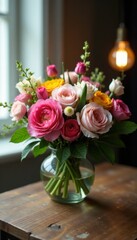 Spring Floral Bouquet on Wooden Table with Lamp Bulb, home decor, spring colors, spring bouquet