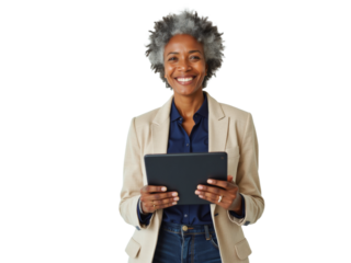 Business portrait isolated on white transparent background: A confident, smiling Black woman with gray hair, wearing a blazer and holding a tablet, stands against a white background.