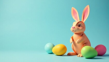 Colorful paper cut rabbit standing alone on a flat surface with bright colorful eggs around it , eggs, spring, Easter decoration