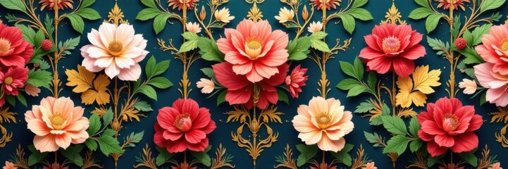 Regal royal floral design featuring intricate gold leaf, colorful blooms, and lush greenery in a repeating pattern on textured wallpaper, royal wallpaper, elegance